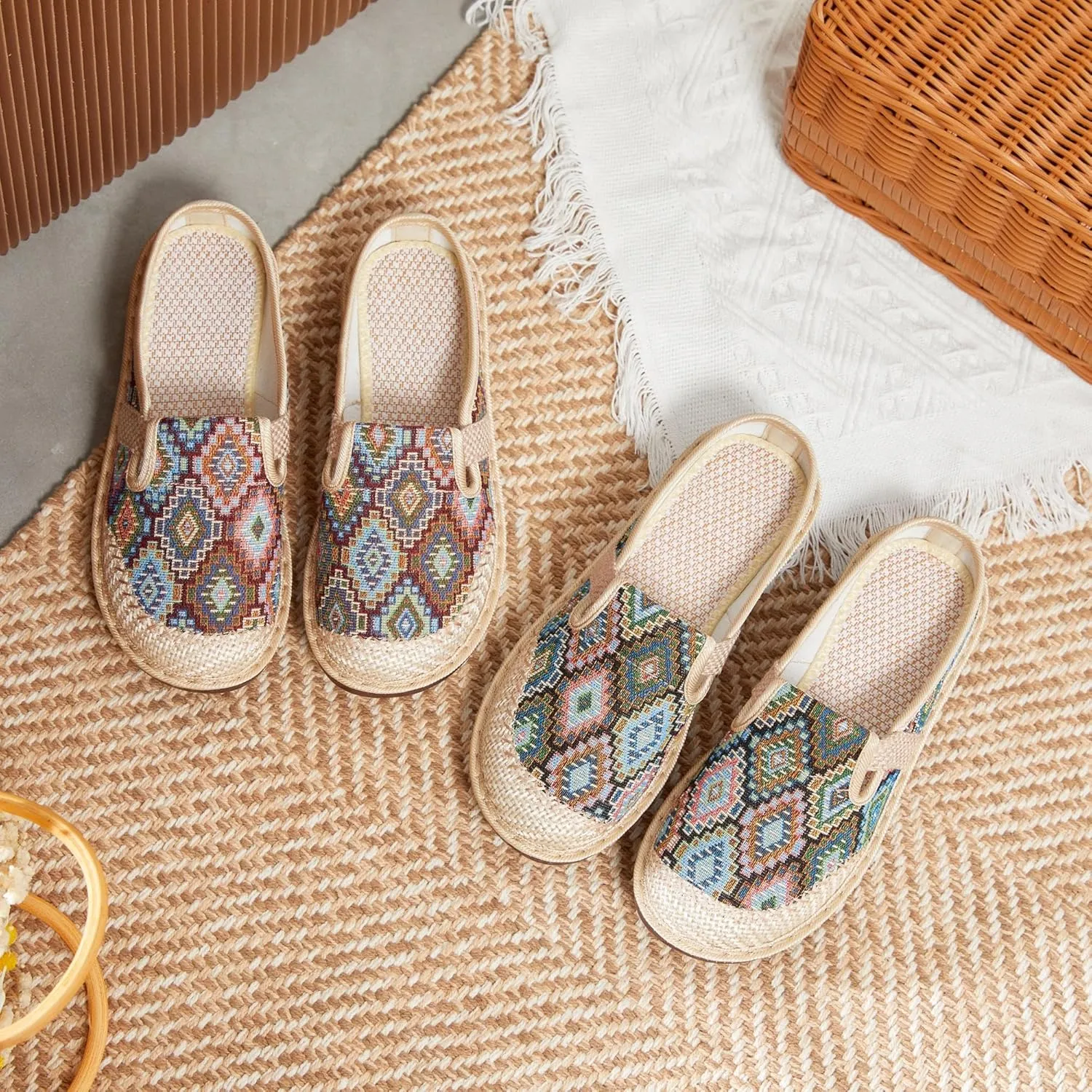 Women's Bohemian Slide Sandals - Lightweight Cotton Linen Woven Flat Shoes for Home, Beach, and Outdoor Use