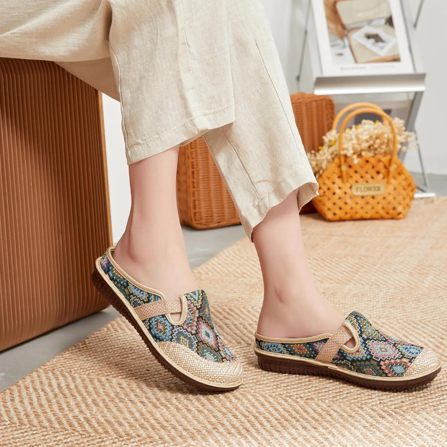 Women's Bohemian Slide Sandals - Lightweight Cotton Linen Woven Flat Shoes for Home, Beach, and Outdoor Use