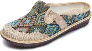 Women's Bohemian Slide Sandals - Lightweight Cotton Linen Woven Flat Shoes for Home, Beach, and Outdoor Use