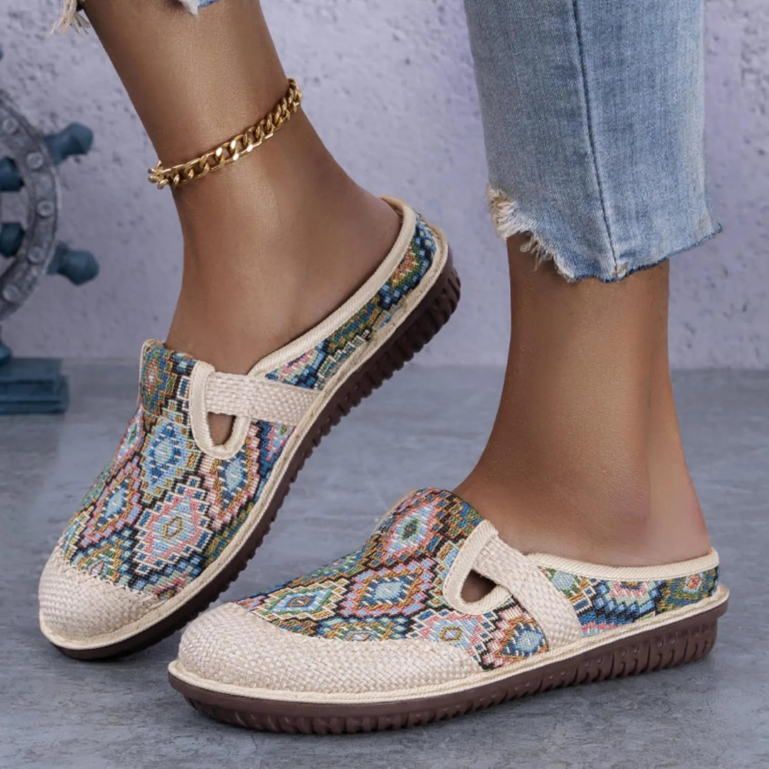 Women's Bohemian Slide Sandals - Lightweight Cotton Linen Woven Flat Shoes for Home, Beach, and Outdoor Use