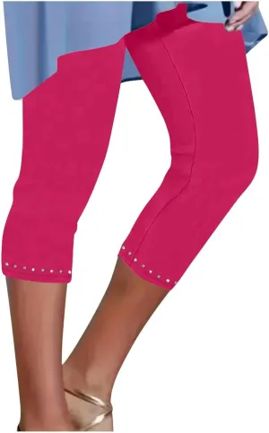 Womens Capris Leggings Yoga Pants with Pockets Plus Size High Waisted Stretch Capris Rhinestone Trim Tights