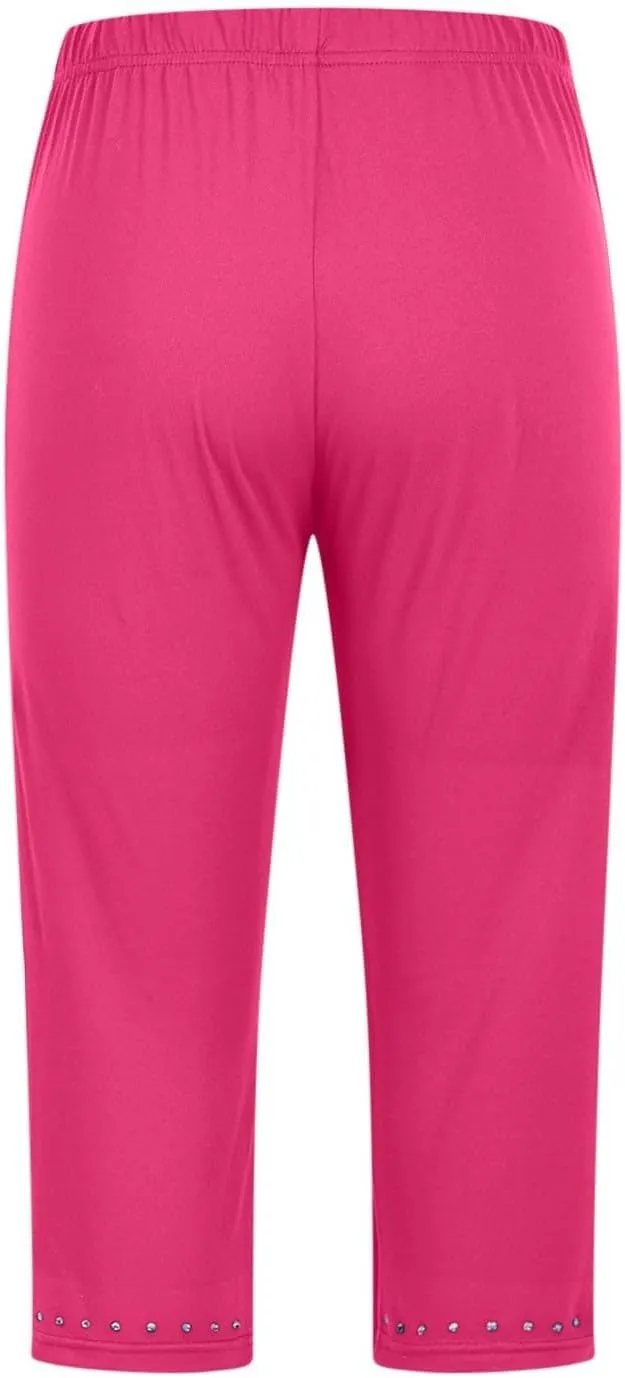 Womens Capris Leggings Yoga Pants with Pockets Plus Size High Waisted Stretch Capris Rhinestone Trim Tights