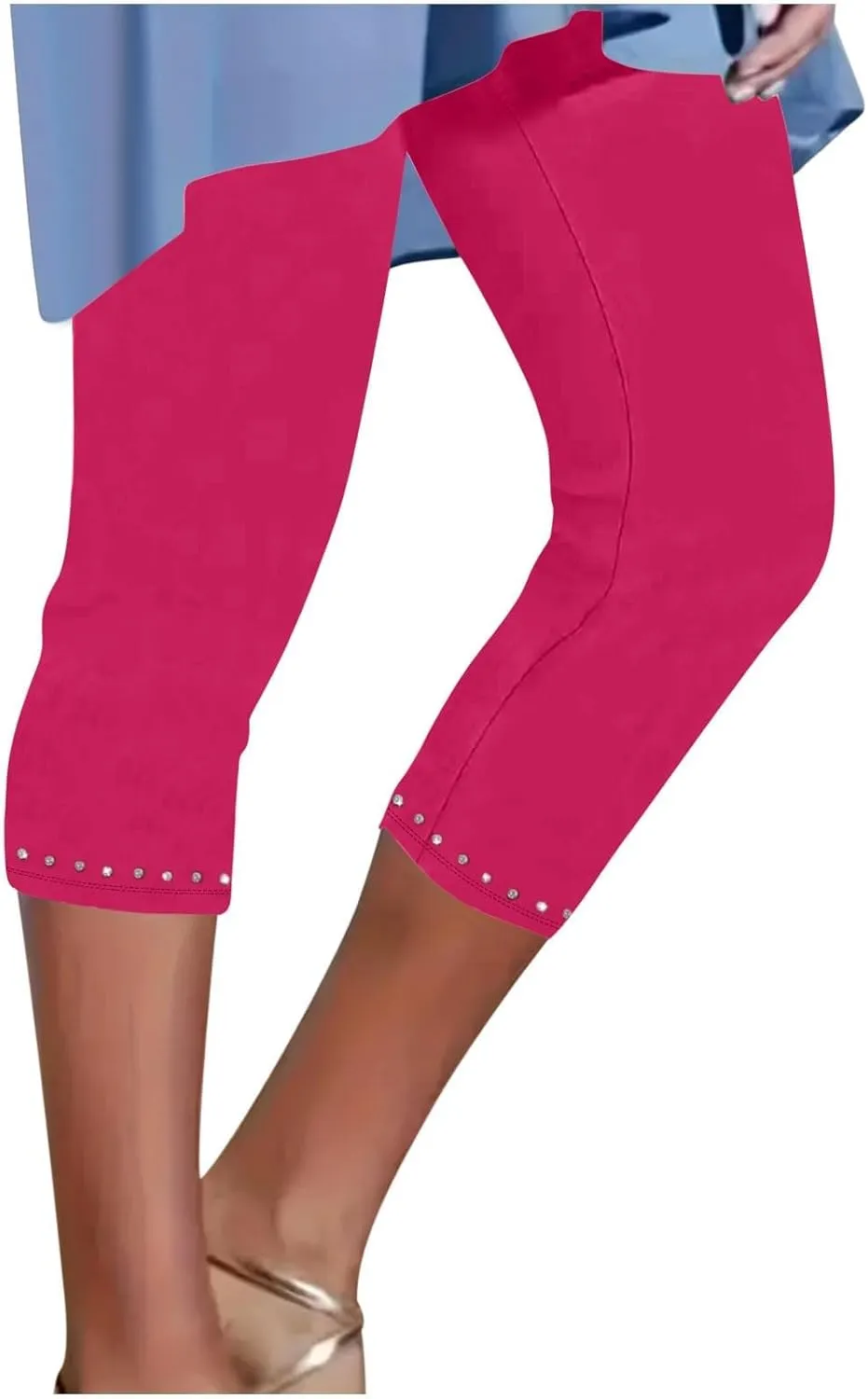 Womens Capris Leggings Yoga Pants with Pockets Plus Size High Waisted Stretch Capris Rhinestone Trim Tights