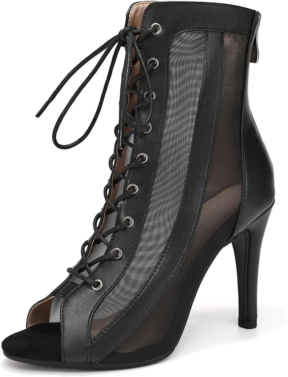 Women's Dance Boots DS118 Peep Toe Lace-up Ankle Dance Booties Latin Ballroom Salsa Heels
