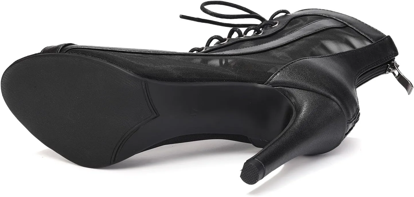 Women's Dance Boots DS118 Peep Toe Lace-up Ankle Dance Booties Latin Ballroom Salsa Heels