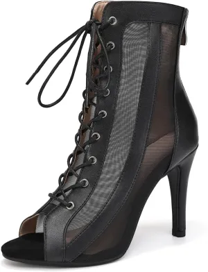 Women's Dance Boots DS118 Peep Toe Lace-up Ankle Dance Booties Latin Ballroom Salsa Heels