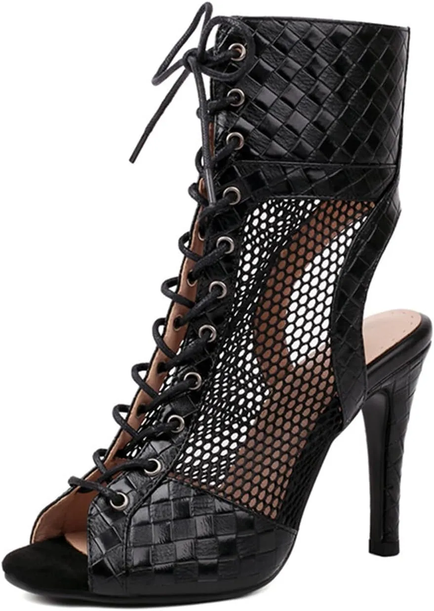 Women's Dance Boots Peep Toe Lace-up Ankle Dance Booties Latin Ballroom Salsa Dancing Heels Model DS667 Model DS667