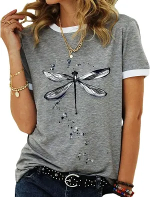 Women's Dragonfly Graphic Tees Trendy Casual Loose Summer Funny Cute Printed Short Sleeve Shirts Tops