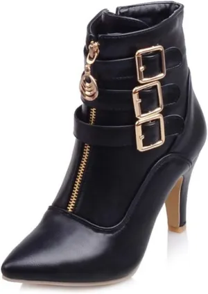 Women's Fashion Buckle Strappy Ankle Boots Pointy Toe Zipper Stiletto Kitten Heel Dress Short Booties