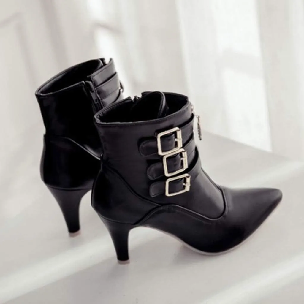 Women's Fashion Buckle Strappy Ankle Boots Pointy Toe Zipper Stiletto Kitten Heel Dress Short Booties