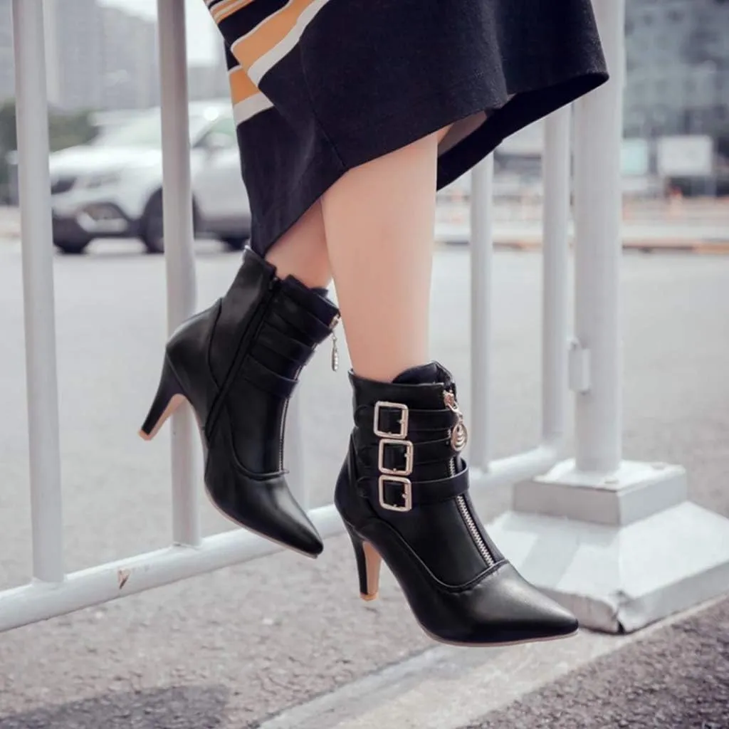 Women's Fashion Buckle Strappy Ankle Boots Pointy Toe Zipper Stiletto Kitten Heel Dress Short Booties