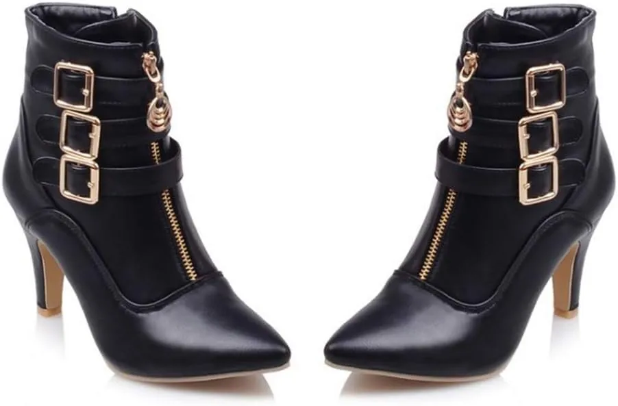 Women's Fashion Buckle Strappy Ankle Boots Pointy Toe Zipper Stiletto Kitten Heel Dress Short Booties