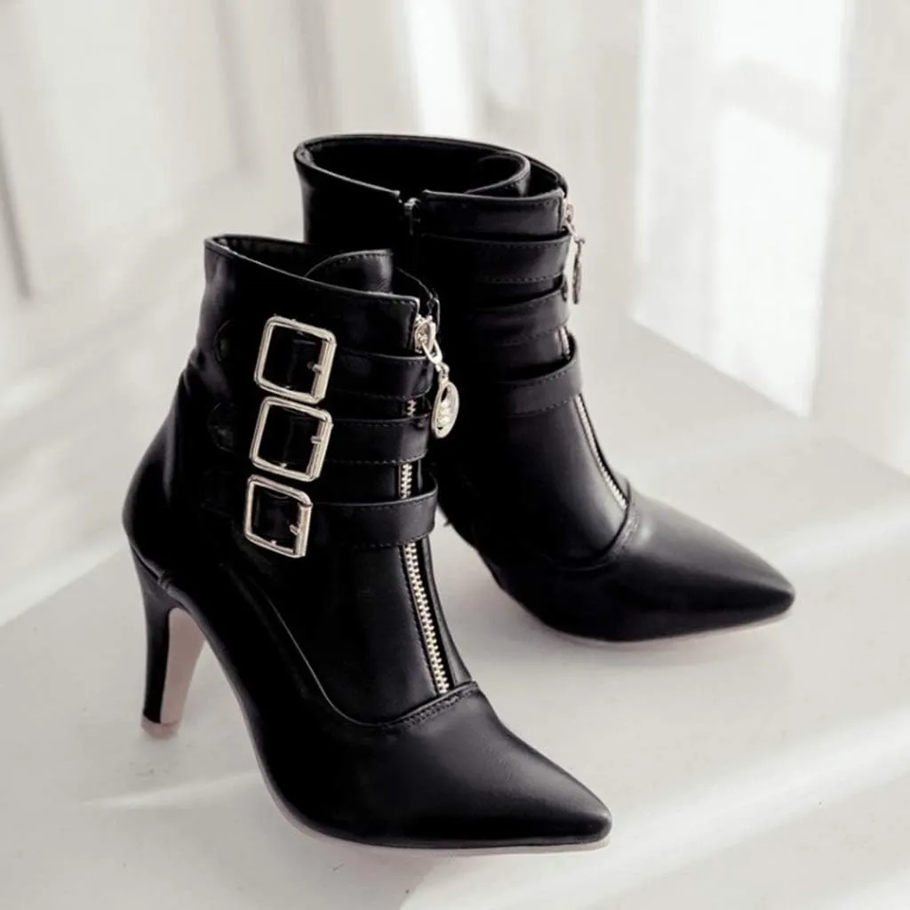 Women's Fashion Buckle Strappy Ankle Boots Pointy Toe Zipper Stiletto Kitten Heel Dress Short Booties