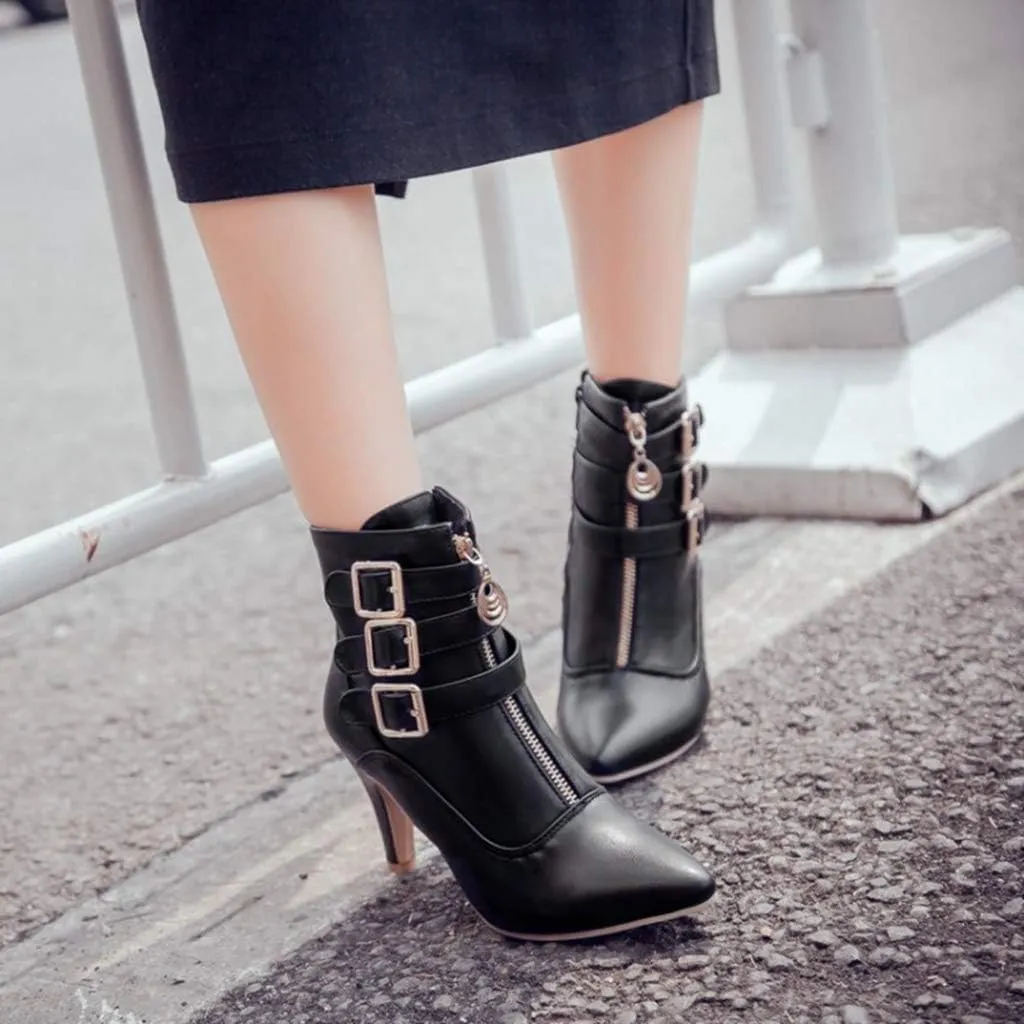 Women's Fashion Buckle Strappy Ankle Boots Pointy Toe Zipper Stiletto Kitten Heel Dress Short Booties