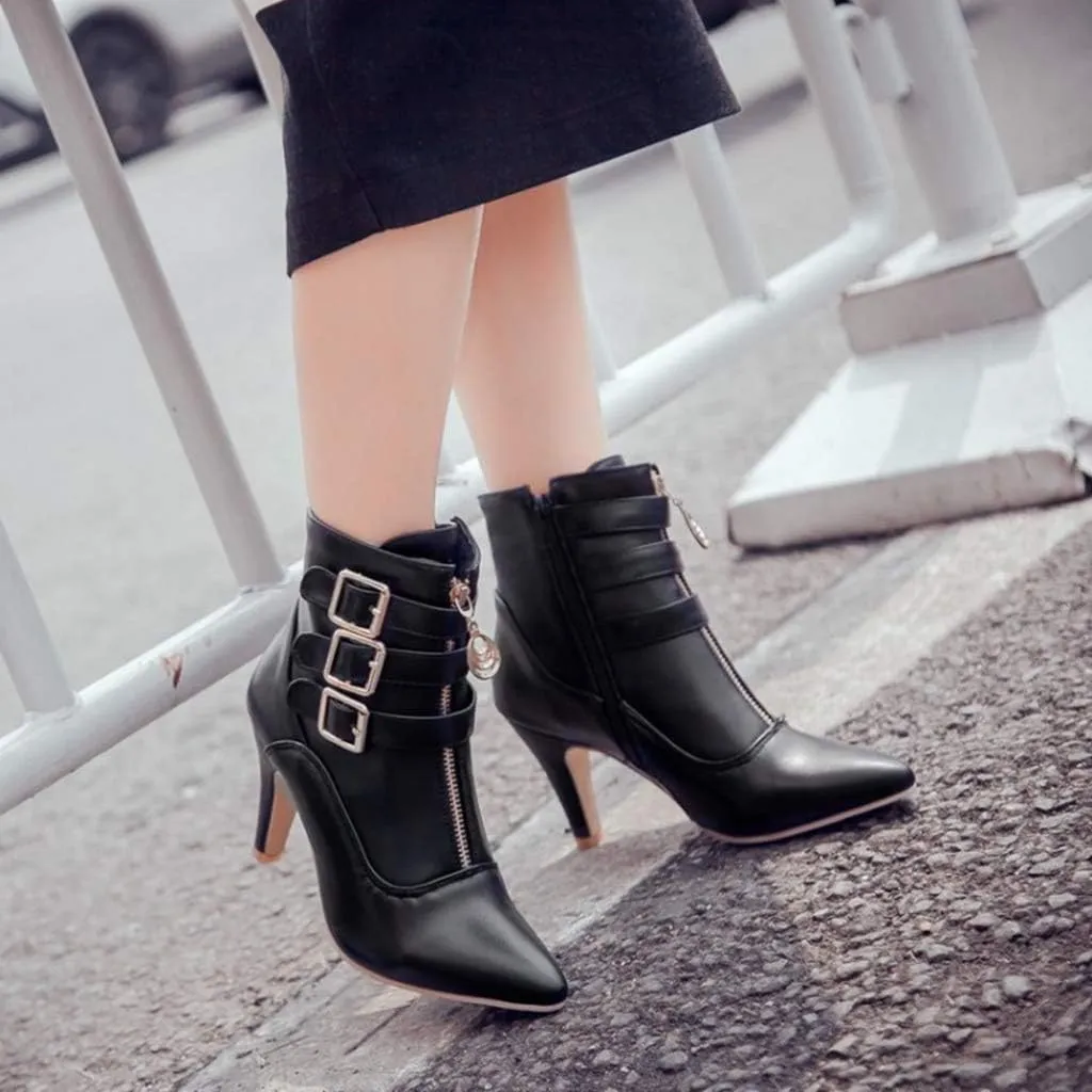 Women's Fashion Buckle Strappy Ankle Boots Pointy Toe Zipper Stiletto Kitten Heel Dress Short Booties