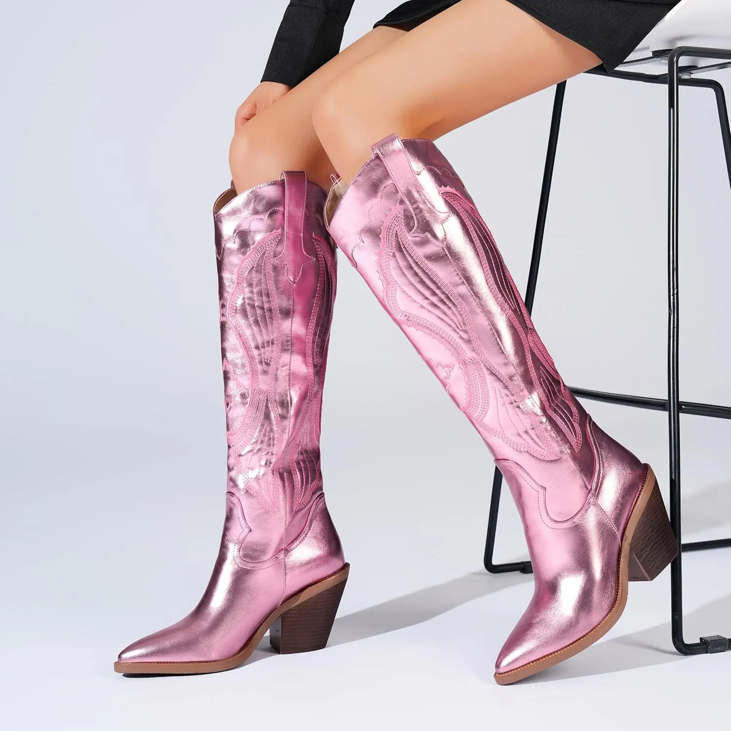 Women'S Fashion Embroidered Western Cowboy Boots Pointed Toe Block Heel Side Zipper Outdoor Music Festival Party High Knee Boots