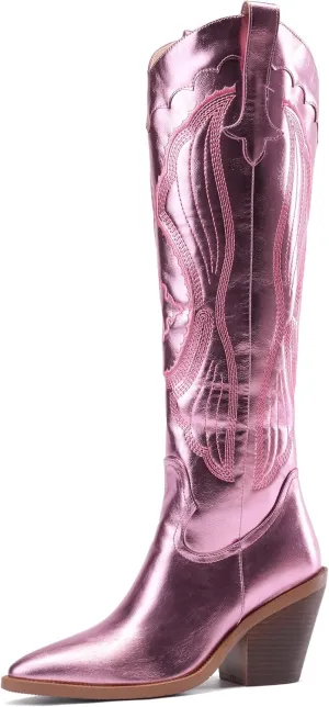 Women'S Fashion Embroidered Western Cowboy Boots Pointed Toe Block Heel Side Zipper Outdoor Music Festival Party High Knee Boots