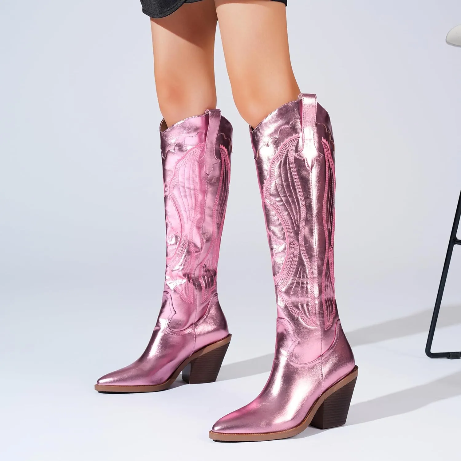 Women'S Fashion Embroidered Western Cowboy Boots Pointed Toe Block Heel Side Zipper Outdoor Music Festival Party High Knee Boots