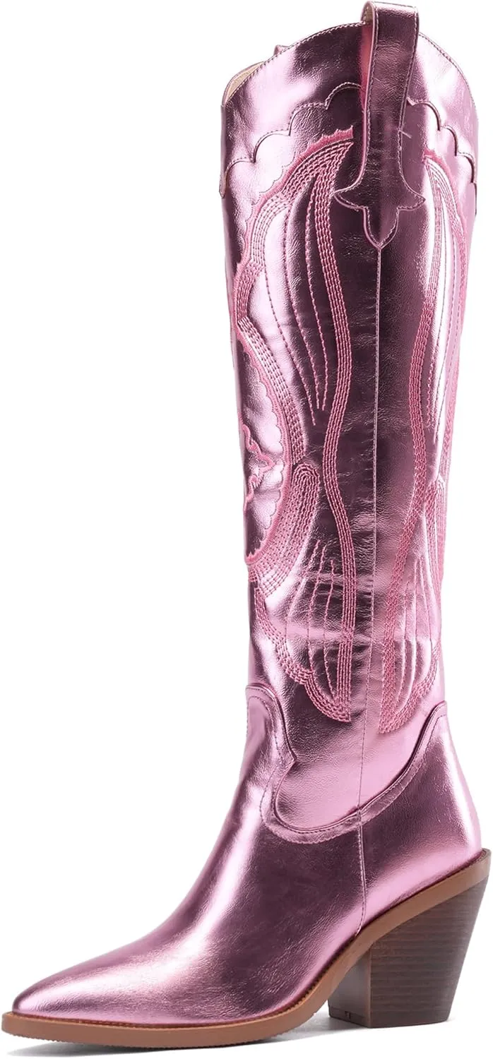 Women'S Fashion Embroidered Western Cowboy Boots Pointed Toe Block Heel Side Zipper Outdoor Music Festival Party High Knee Boots