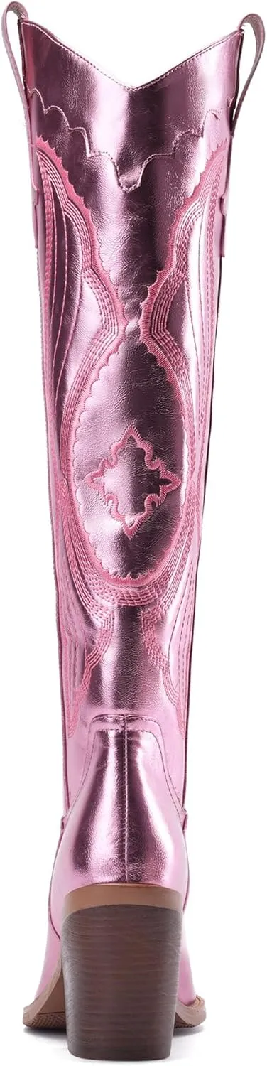 Women'S Fashion Embroidered Western Cowboy Boots Pointed Toe Block Heel Side Zipper Outdoor Music Festival Party High Knee Boots
