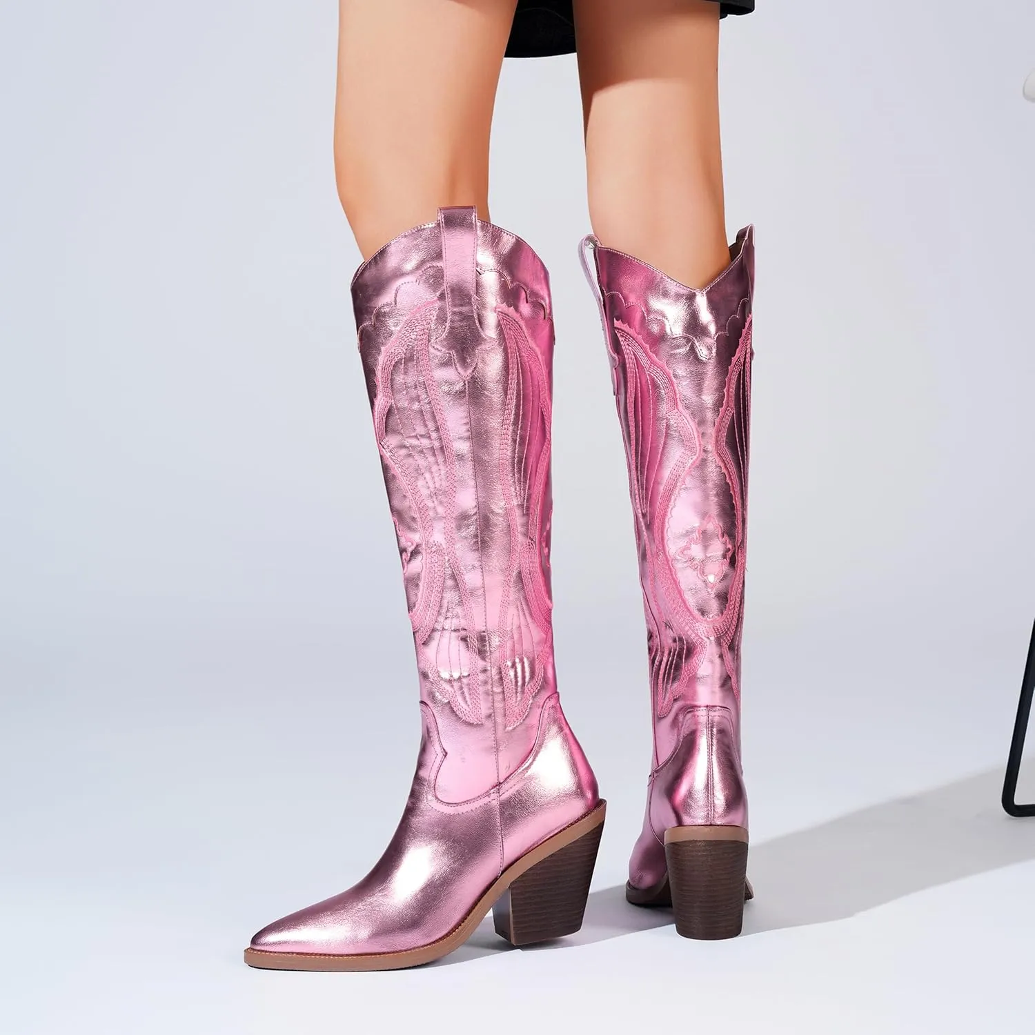 Women'S Fashion Embroidered Western Cowboy Boots Pointed Toe Block Heel Side Zipper Outdoor Music Festival Party High Knee Boots