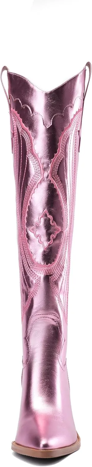 Women'S Fashion Embroidered Western Cowboy Boots Pointed Toe Block Heel Side Zipper Outdoor Music Festival Party High Knee Boots