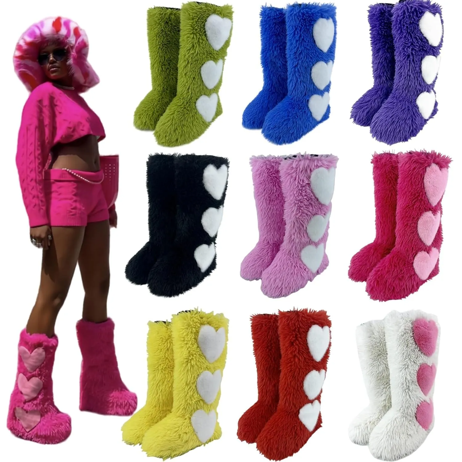 Women's Faux Fur Boots Furry Knee-High Boots Winter Comfy Plush Warm Snow Boots Fuzzy Outdoor Boots Fluffy Indoor Flat Shoes