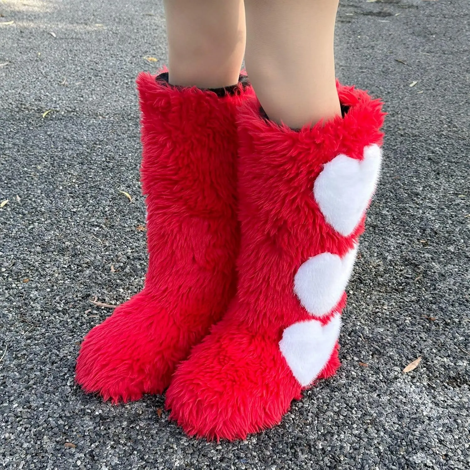 Women's Faux Fur Boots Furry Knee-High Boots Winter Comfy Plush Warm Snow Boots Fuzzy Outdoor Boots Fluffy Indoor Flat Shoes