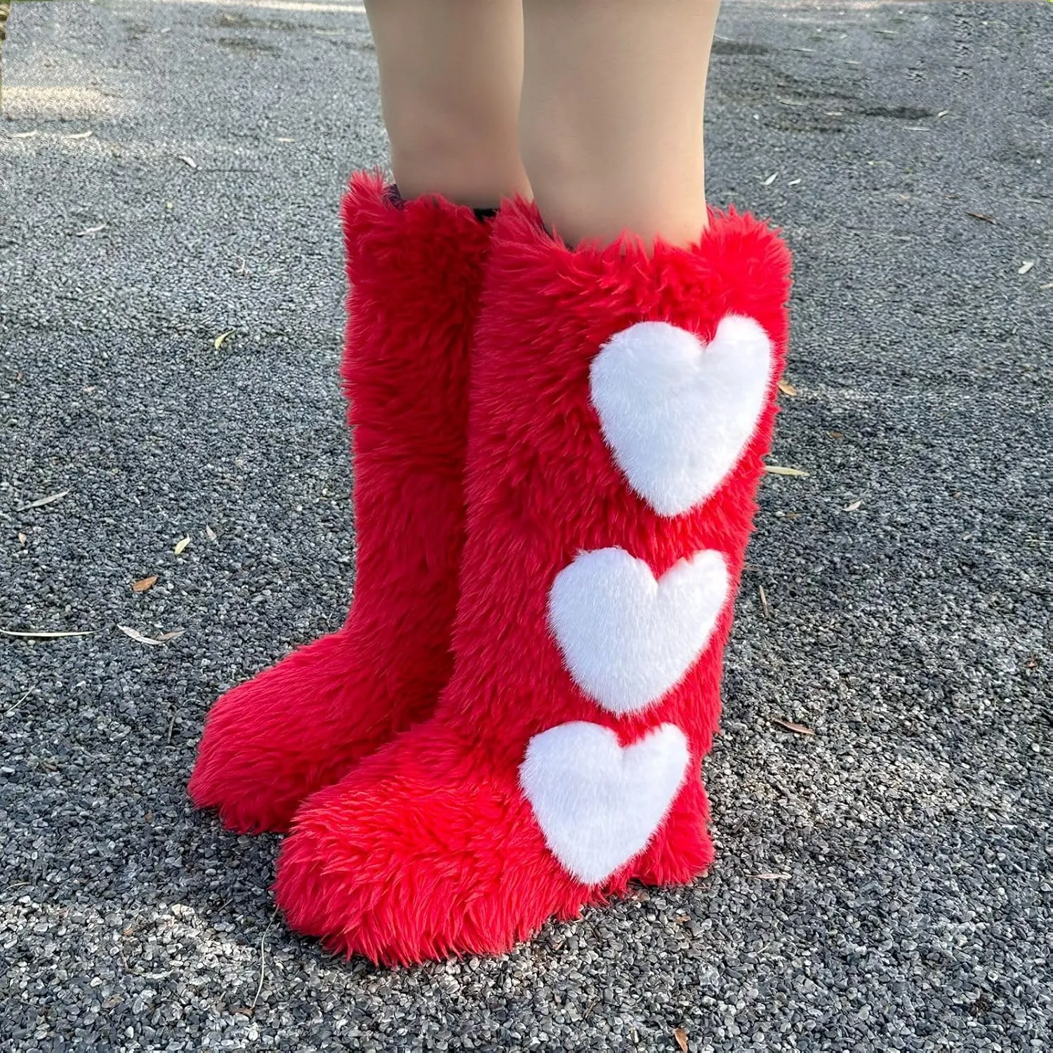 Women's Faux Fur Boots Furry Knee-High Boots Winter Comfy Plush Warm Snow Boots Fuzzy Outdoor Boots Fluffy Indoor Flat Shoes