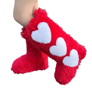 Women's Faux Fur Boots Furry Knee-High Boots Winter Comfy Plush Warm Snow Boots Fuzzy Outdoor Boots Fluffy Indoor Flat Shoes