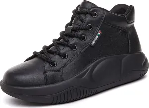 Women's Genuine Leather High Top Sneakers Platform Ankle Boots, Lace Up Comfortable Soft Sole Round Toe Fashion Casual Sneakers