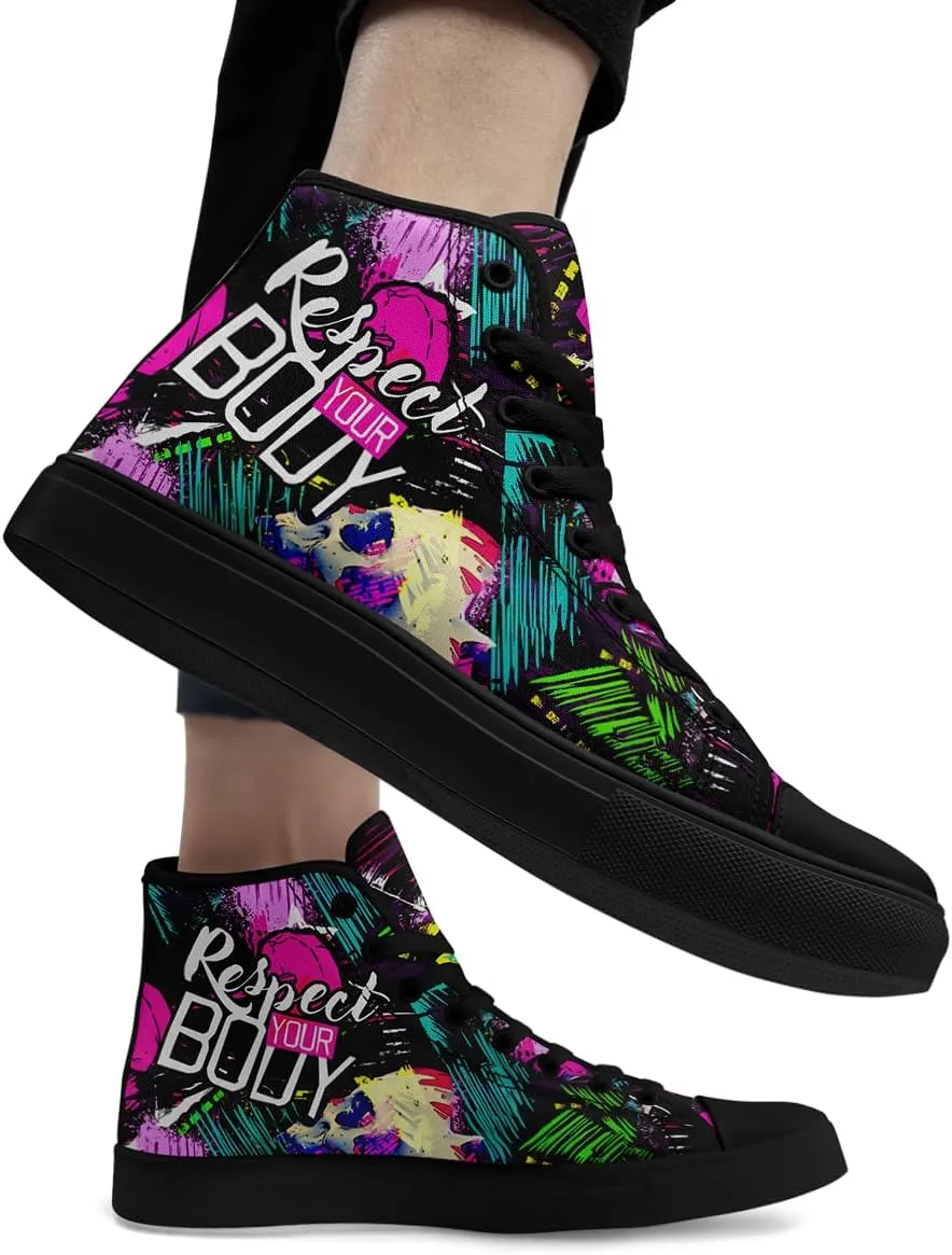 Womens Graffiti Black High Top Fashion Sneakers Canvas Shoes Classic Lace Up Walking Tennis Casual Skateboarding Sports Shoes