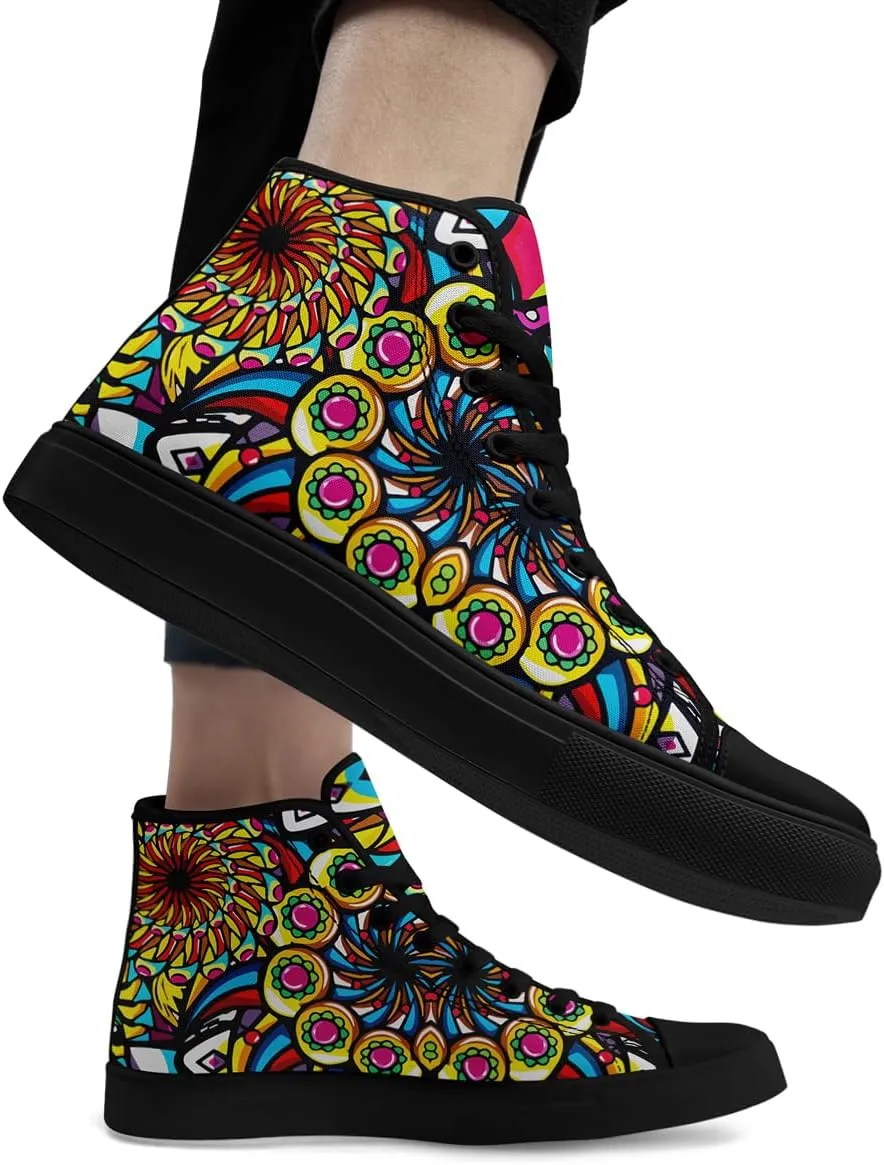 Womens Graffiti Black High Top Fashion Sneakers Canvas Shoes Classic Lace Up Walking Tennis Casual Skateboarding Sports Shoes