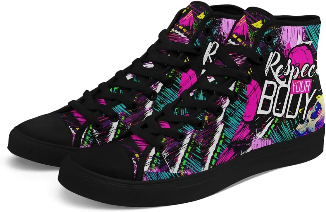Womens Graffiti Black High Top Fashion Sneakers Canvas Shoes Classic Lace Up Walking Tennis Casual Skateboarding Sports Shoes