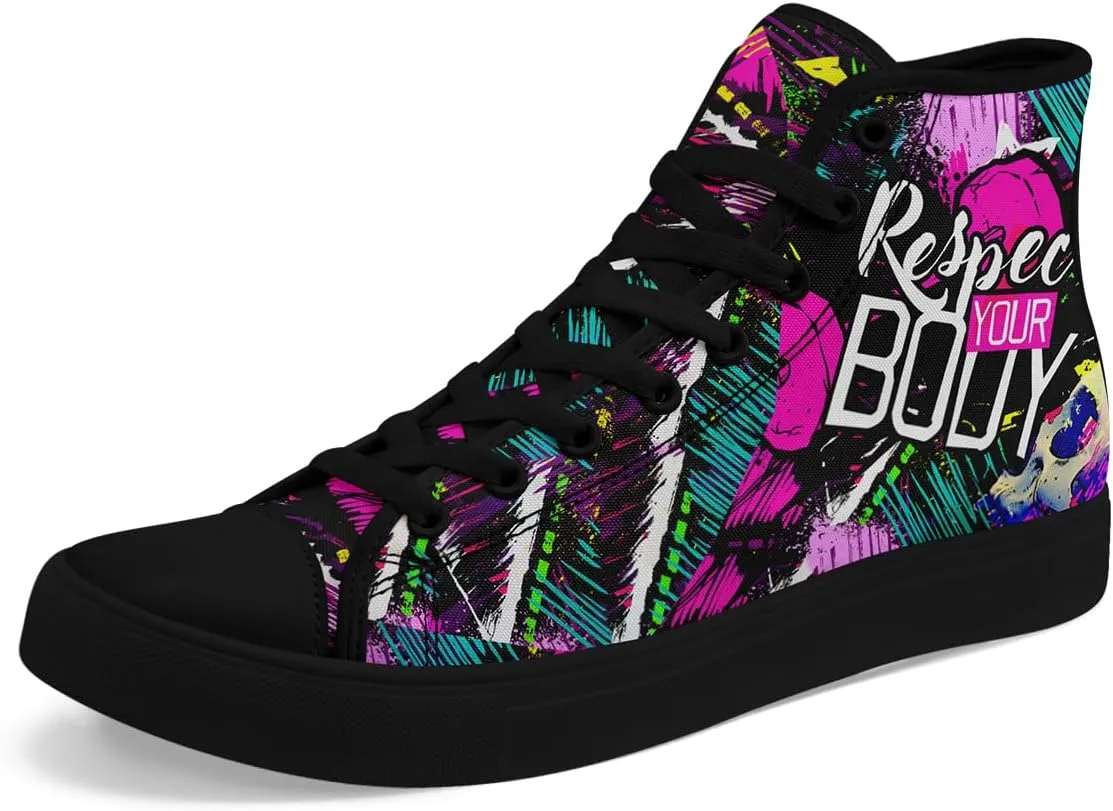 Womens Graffiti Black High Top Fashion Sneakers Canvas Shoes Classic Lace Up Walking Tennis Casual Skateboarding Sports Shoes