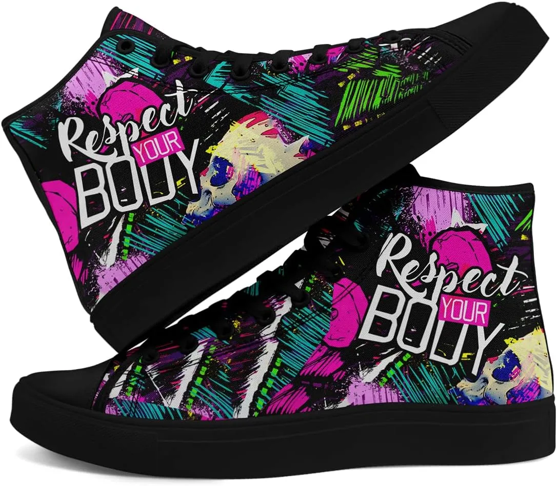 Womens Graffiti Black High Top Fashion Sneakers Canvas Shoes Classic Lace Up Walking Tennis Casual Skateboarding Sports Shoes