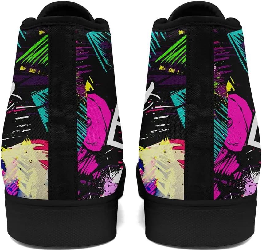 Womens Graffiti Black High Top Fashion Sneakers Canvas Shoes Classic Lace Up Walking Tennis Casual Skateboarding Sports Shoes