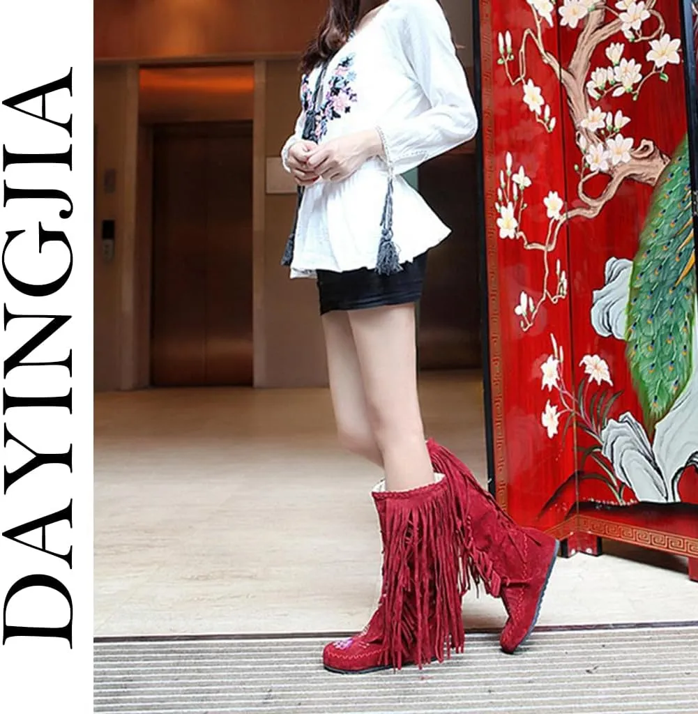 Women's Knee High Boots Fringe Western Boot Winter Flats Faux Suede Embroidered Closed Toe Mid Calf Flat Boot Long Snow Tassel Boots Shoes Mid Calf Boots Combat Booties Outdoor