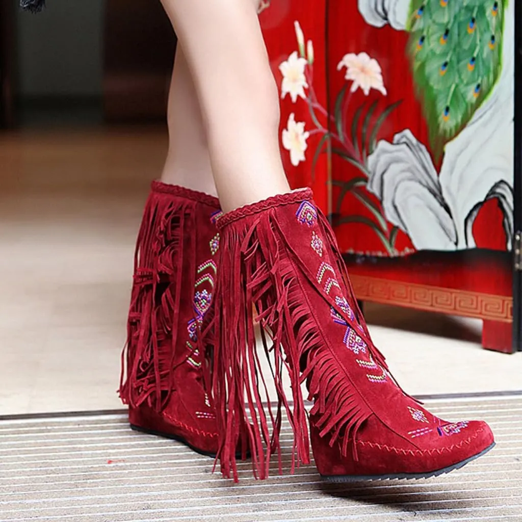 Women's Knee High Boots Fringe Western Boot Winter Flats Faux Suede Embroidered Closed Toe Mid Calf Flat Boot Long Snow Tassel Boots Shoes Mid Calf Boots Combat Booties Outdoor