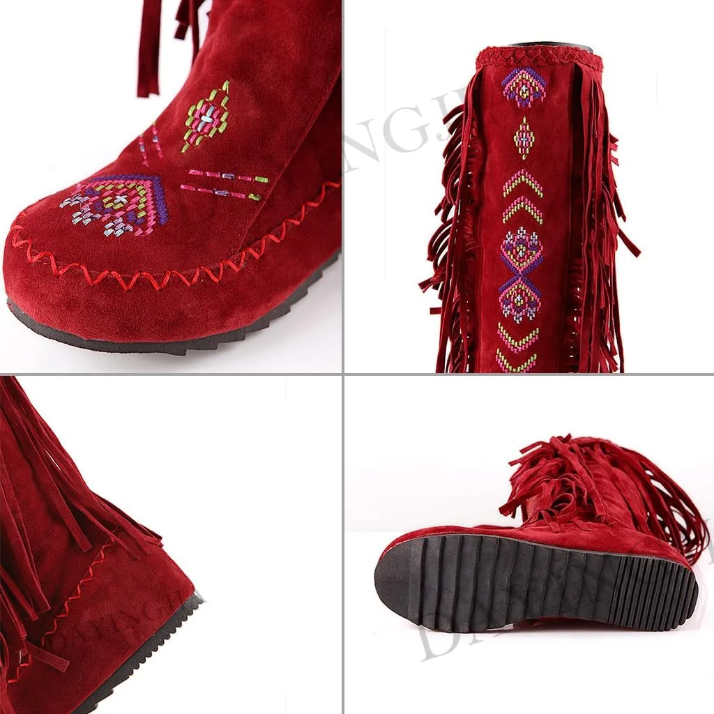 Women's Knee High Boots Fringe Western Boot Winter Flats Faux Suede Embroidered Closed Toe Mid Calf Flat Boot Long Snow Tassel Boots Shoes Mid Calf Boots Combat Booties Outdoor