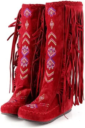 Women's Knee High Boots Fringe Western Boot Winter Flats Faux Suede Embroidered Closed Toe Mid Calf Flat Boot Long Snow Tassel Boots Shoes Mid Calf Boots Combat Booties Outdoor