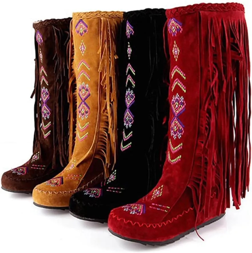 Women's Knee High Boots Fringe Western Boot Winter Flats Faux Suede Embroidered Closed Toe Mid Calf Flat Boot Long Snow Tassel Boots Shoes Mid Calf Boots Combat Booties Outdoor