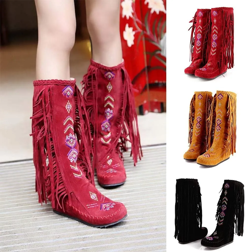 Women's Knee High Boots Fringe Western Boot Winter Flats Faux Suede Embroidered Closed Toe Mid Calf Flat Boot Long Snow Tassel Boots Shoes Mid Calf Boots Combat Booties Outdoor