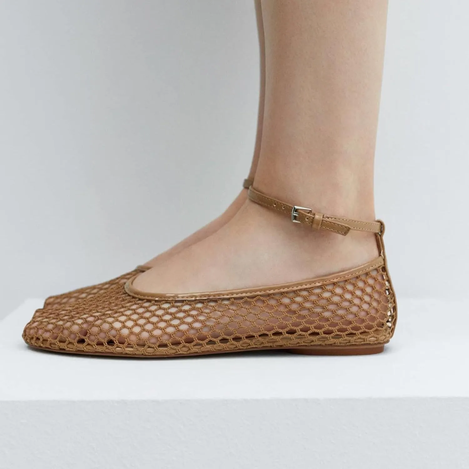 Women's Mesh Ballet Flats,Fishnet Ballerina Buckle Strap Shoes,Mary Jane Flats Casual Comfortable Daily Dress Shoes