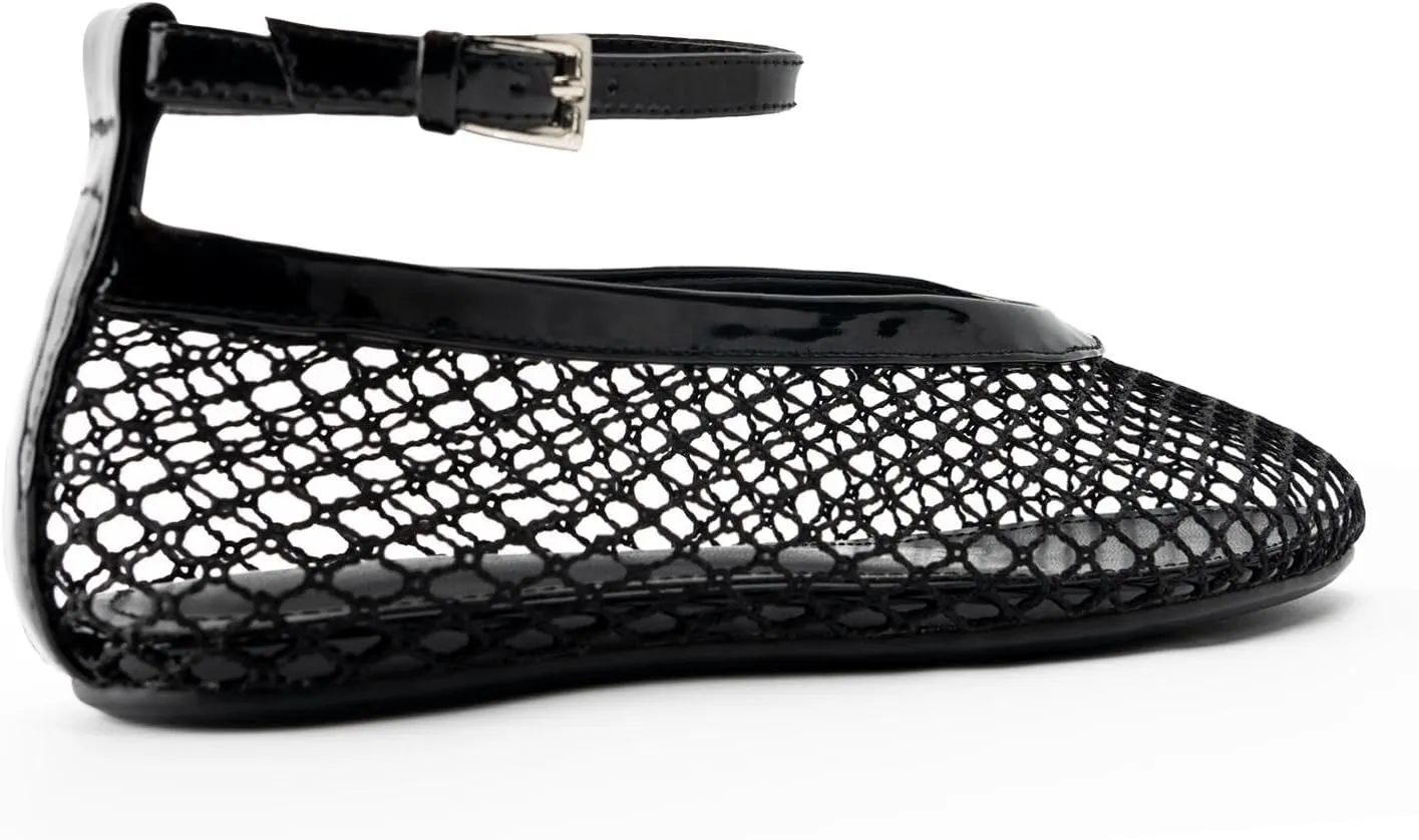 Women's Mesh Ballet Flats,Fishnet Ballerina Buckle Strap Shoes,Mary Jane Flats Casual Comfortable Daily Dress Shoes