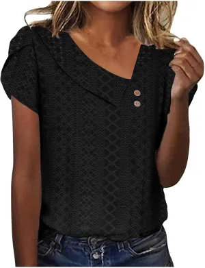 Women's Petal Short Sleeve Blouses Solid Color Button Asymmetrical Neck Shirts Cute Eyelet Tops Fashion Classic Tees