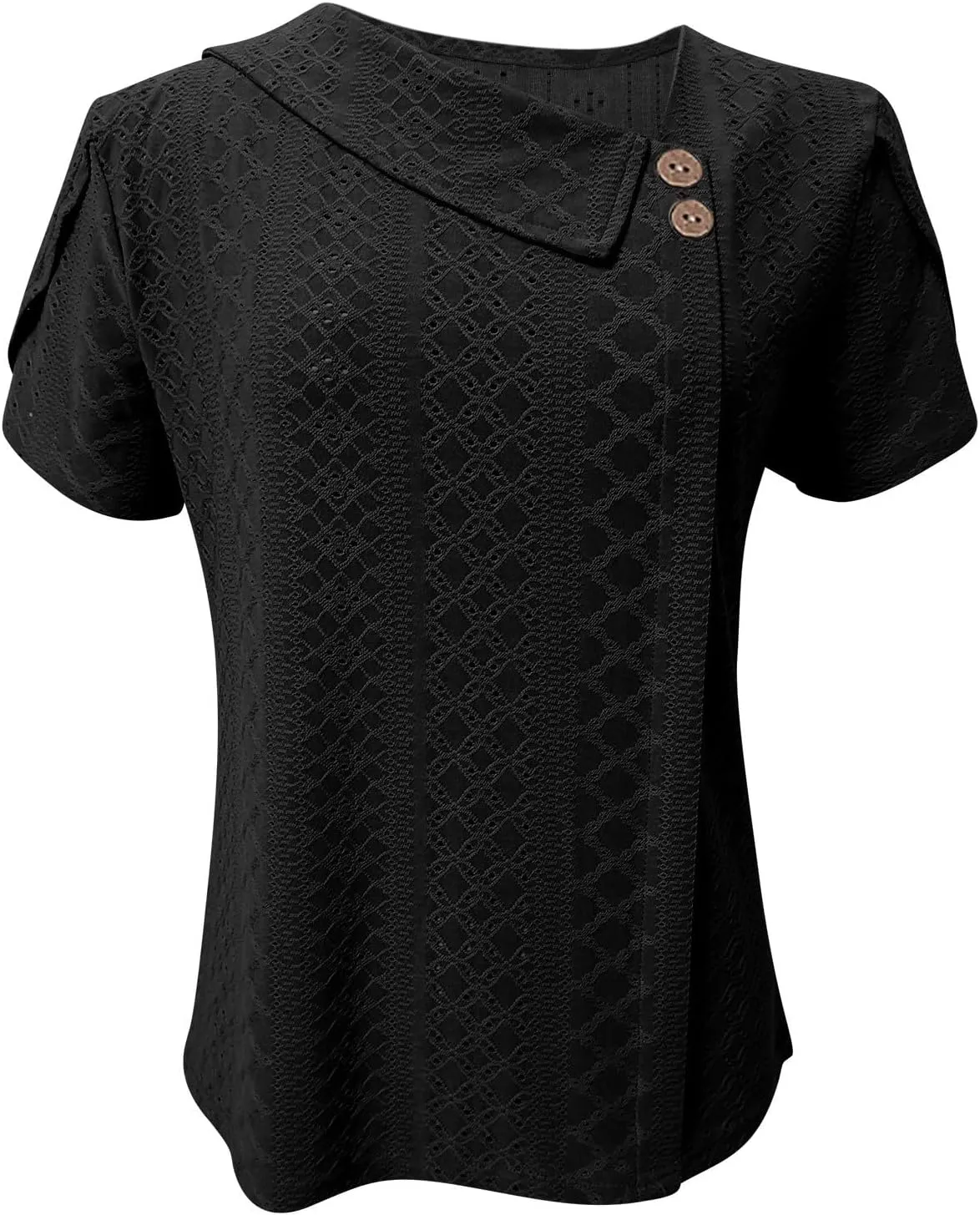Women's Petal Short Sleeve Blouses Solid Color Button Asymmetrical Neck Shirts Cute Eyelet Tops Fashion Classic Tees