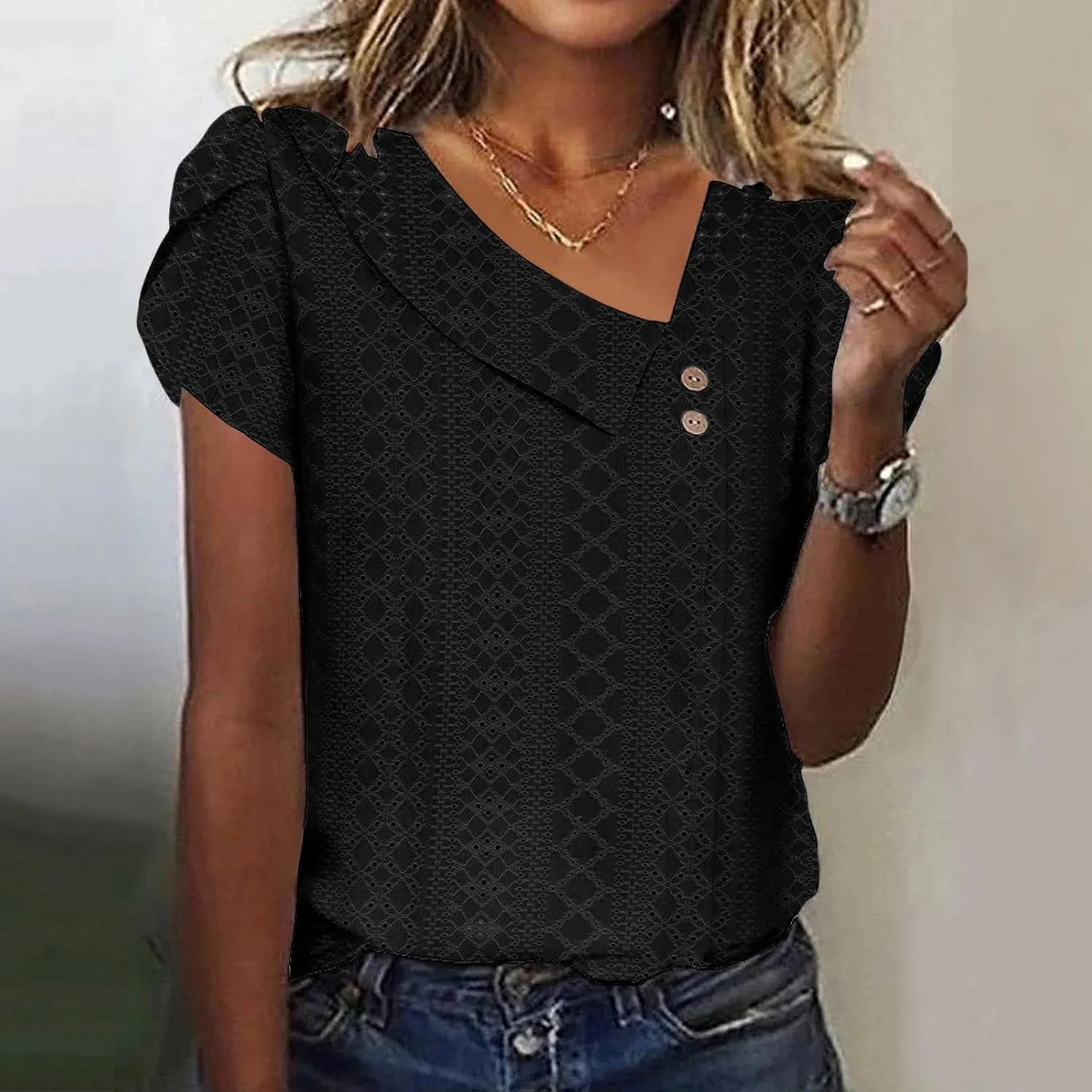 Women's Petal Short Sleeve Blouses Solid Color Button Asymmetrical Neck Shirts Cute Eyelet Tops Fashion Classic Tees