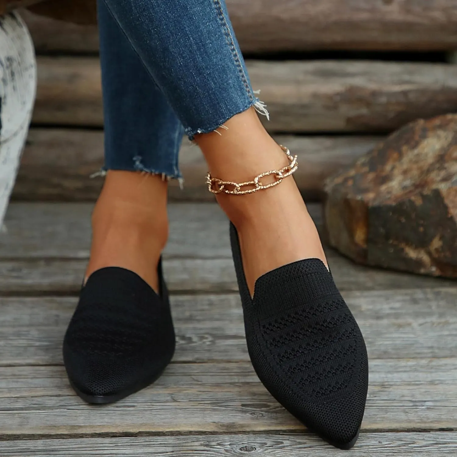 Women's Pointy Toe Loafers Extra Comfortable Knit Dress Shoes Cute Penny Loafer Slip On Ballet Flats Softable Shoes