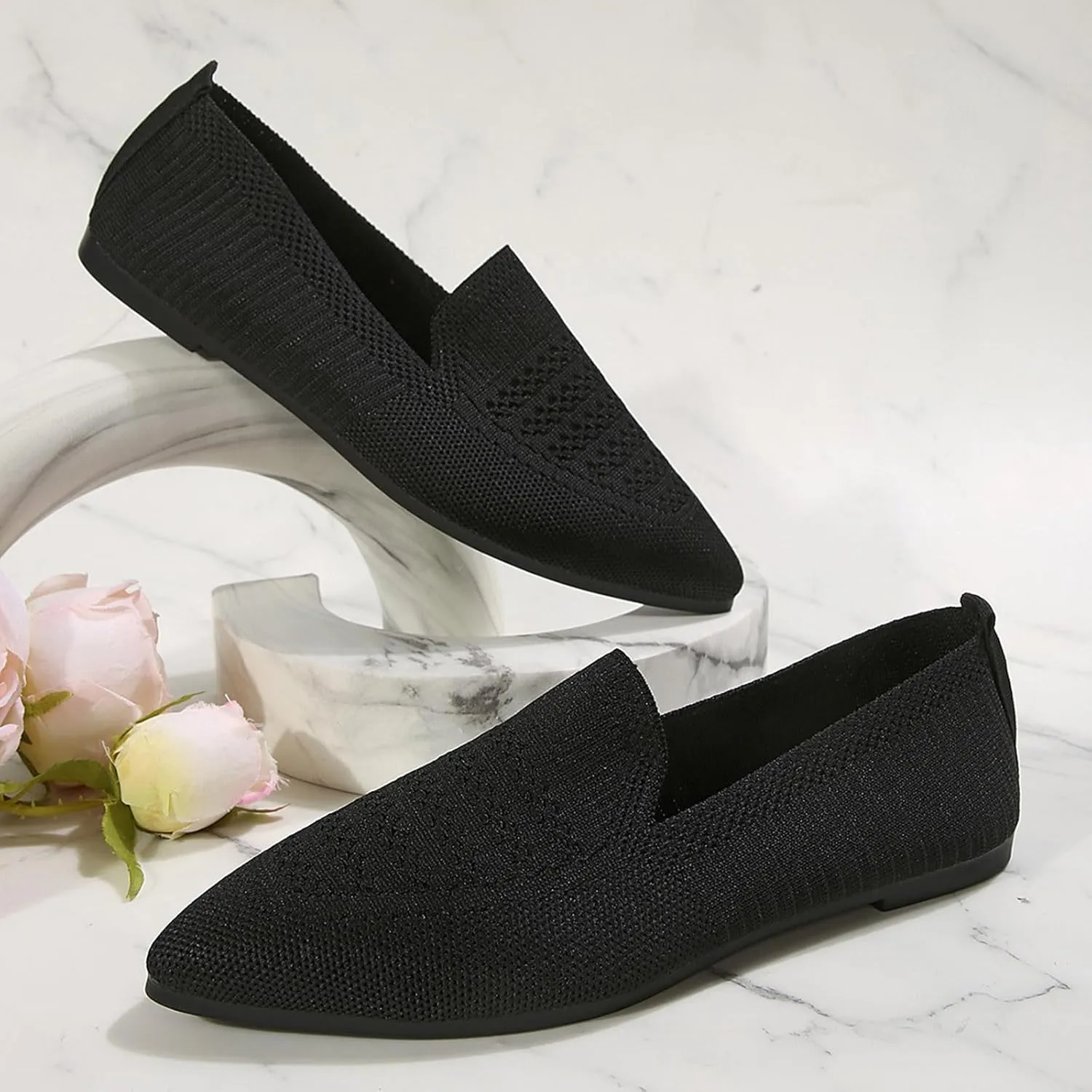 Women's Pointy Toe Loafers Extra Comfortable Knit Dress Shoes Cute Penny Loafer Slip On Ballet Flats Softable Shoes
